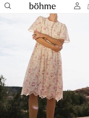 Bohme Renee Eyelet Lace Midi Dress S Cream Pink Floral Short Sleeve